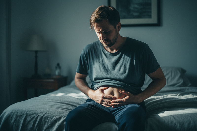 Bloating Is a Warning Sign. a male, cinematic image. no text