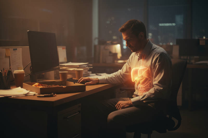 sitting too much damages your liver. cinematic image no text